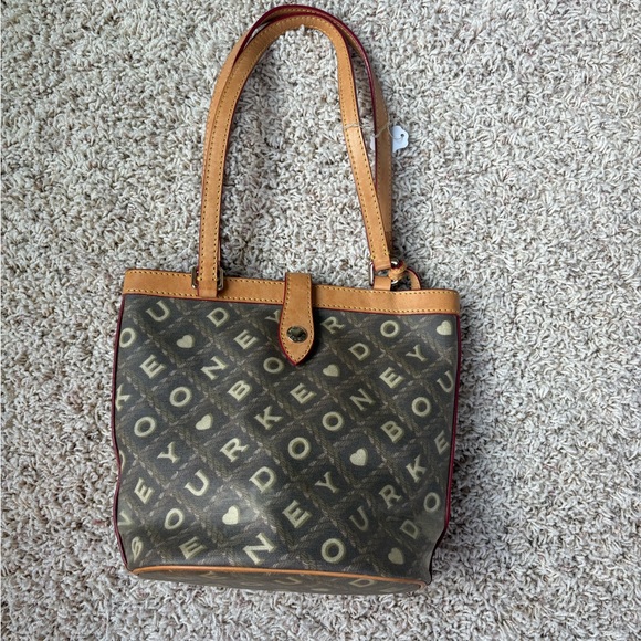 Dooney & Bourke Logo Medium Shoulder Bag Brown/Beige EUC Crossword Bucket Bag - Picture 1 of 8